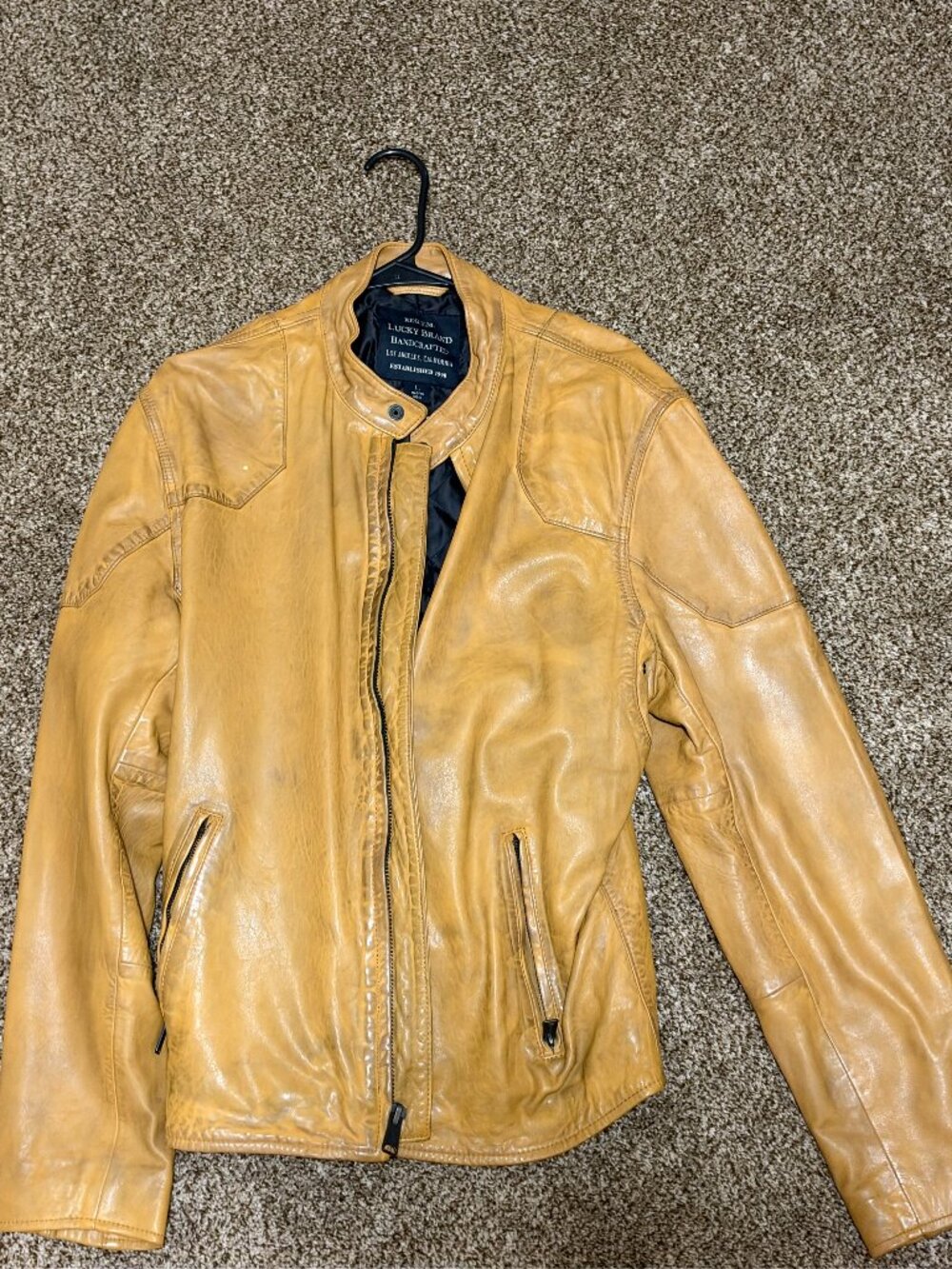 Lucky Brand Men's Mustard Yellow Leather Bomber Jacket Large L like new.